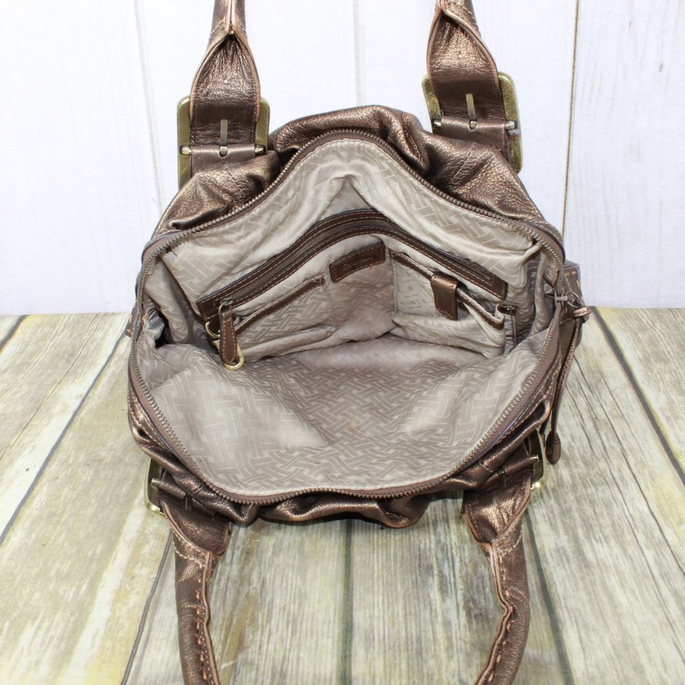 Cole Haan Gold Brown Leather Brass Buckle Double Handles Tote Shoulder Bag - Picture 9 of 12